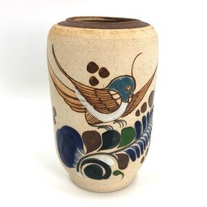 Mexico Folk Art Pottery Tonala Vase Hand Painted Bird Ceramic Sandstone
